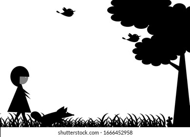 silhouettes Girl and dog in the outdoor park. vector cartoon cut Black shadow Beautiful natural birds and mice on white background.