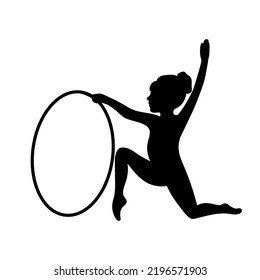 Silhouettes of girl, Girl gymnast athlete with hula Hoop isolated on white background