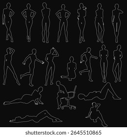 Silhuetas de uma menina e outras figuras em poses dinâmicas destacam-se em branco contra um fundo preto. O design limpo e de alto contraste enfatiza o movimento e a simplicidade, ideais para temas minimalistas.