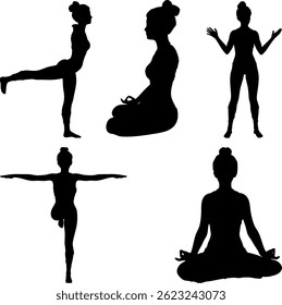 Silhouettes of a girl practicing yoga, embodying grace and mindfulness. Ideal for wellness designs, the image symbolizes inner peace and harmony, promoting relaxation and well-being. 