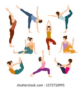 Silhouettes girl practicing yoga stretching exercises. Shapes of woman doing yoga fitness workout. Set off yoga positions. Female cartoon character practicing Hatha yoga. Flat vector illustration