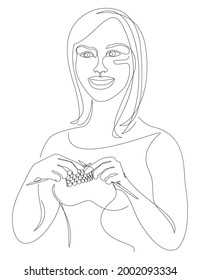Silhouettes of the girl, she knitting with threads. Woman's hands in modern trendy style with one line. Solid line, outline for decor, posters, stickers, logo. Vector illustration.