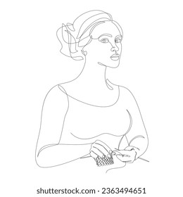 Silhouettes of the girl, she knitting with threads. Woman's hands in modern trendy style with one line. Solid line, outline for decor, posters, stickers, logo. Vector illustration.