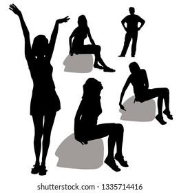 Silhouettes of a girl sitting on a stone in three poses. A girl stands with her hands up. Silhouette of a man standing full length.
