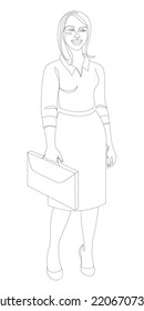 Silhouettes of a girl are standing in a modern single line style. Business woman with documents. Continuous line, aesthetic design outline, posters, stickers, logo. Vector illustration.