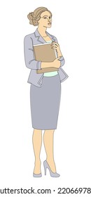 Silhouettes of a girl stands in a modern single line style. Business woman with documents. Continuous line, aesthetic decoration outline, posters, stickers, logo. Vector illustration.