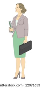 Silhouettes of a girl stands in a modern single line style. Business woman with documents. Continuous line, aesthetic decoration outline, posters, stickers, logo. Vector illustration.