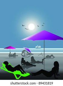 Silhouettes of girl sunbathing on the beach-vector