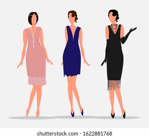 Silhouettes of girls of the 1920s. Three girls in full growth. Vector. Flat cartoon style. 
Isolated on white background