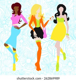 Silhouettes of girls in acid colors. Sixties. Vector illustration