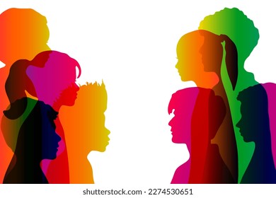 Silhouettes of girls and boys heads, people of different ethnicities together, spectrum rainbow color, vector illustration.