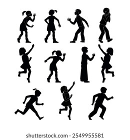 Silhouettes of girls and boys on white background. Jump, run , play and other actions.