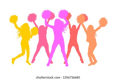 Silhouettes of girls (cheerleaders) with pom-poms. Vector illustration