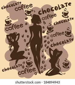 silhouettes of girls of color of black coffee on a background coffee beans and cups