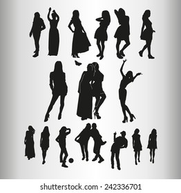 ?any silhouettes of girls in different images. Set. Vector graphics.