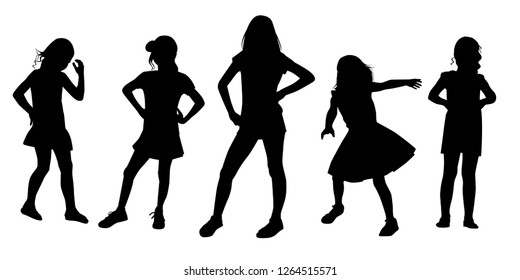 Silhouettes of girls in different poses, vector, set.