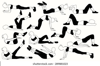 	Silhouettes of a girls doing a fitness exercises