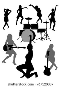silhouettes of girls with guitar and drum set
