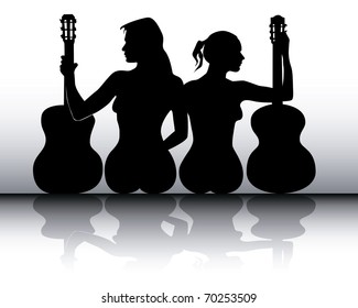 silhouettes of girls with guitars on a gray background