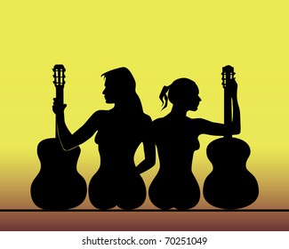 silhouettes of girls with guitars on a yellow background