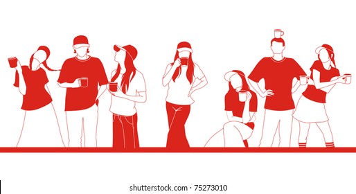 Silhouettes of girls and guys in T-shirts and caps with cups for corporate style.