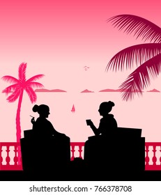 Silhouettes of girls on the beach drinking coffee scene, one in the series of similar images layered