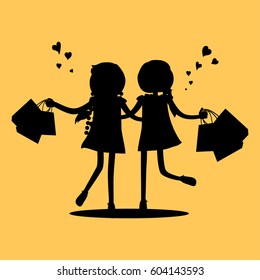 Silhouettes of girls with shopping bags friends forever. Vector illustration of unknown unrecognizable women holding packages from shop. Female friendship vector illustration in flat style design.