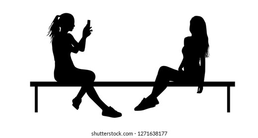 Silhouettes of girls sitting on a bench and photographing on the phone each other, vector.