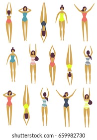 Silhouettes of girls in a swimsuit on a white background. A collection of fifteen floating young women in bikini.Vector cartoon illustration. Isolated. Summertime. Holidays poster 