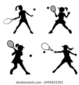 Silhouettes of girls tennis players with a racket hitting a ball. Vector set of monochrome sketches of sportswomen during a game