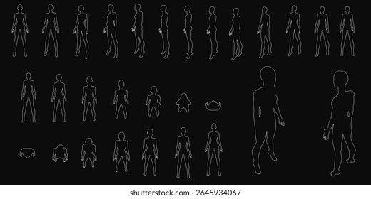 Silhuetas de meninas em várias poses dinâmicas, mostrando contornos do corpo em um fundo preto elegante. O design minimalista destaca movimento e forma, ideal para temas de fitness ou estilo de vida.