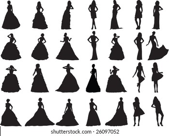 silhouettes of girls are in weddings and ball clothes