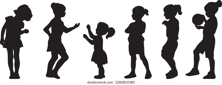 Silhouettes of girls who communicate and play. Sports games for children. Vector stencil for kids learning, school, kindergarten