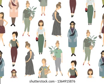 Silhouettes of girls, young women. Set of female figures. Vector illustration. Seamless pattern.