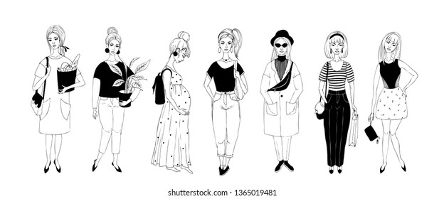 Silhouettes of girls, young women. Set of female figures. Vector illustration.