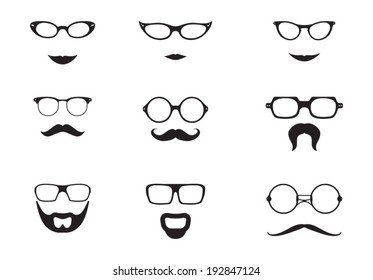 Silhouettes of glasses with a mustache and lips
