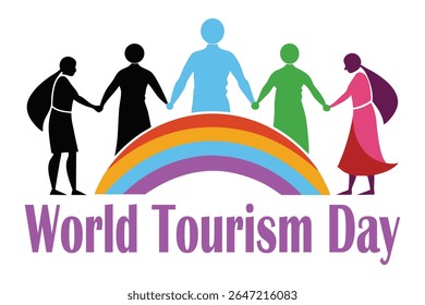 Silhouettes of global unity showing people in traditional outfits like kimono, saree, and kilt holding hands around Earth. Rainbow gradient on white background. Perfect for diversity-themed designs.