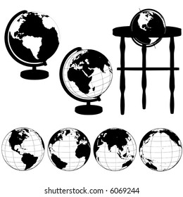 Silhouettes of Globes on Stands, and a set of various globe views: Eastern Hemisphere; Asia; Atlantic; Pacific.