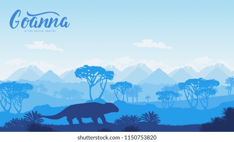 Silhouettes goanna hunt for prey in the desert illustration. Silhouette of a wild animal in Australia background. Landscape of mountains in the wild design 