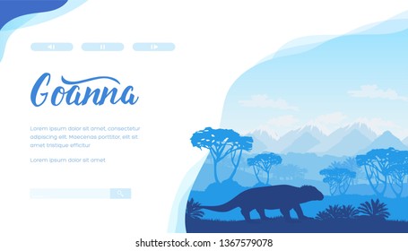 Silhouettes of goanna, trees, mountains. Australian landscape with lizard, plants in blue colour. Horizontal vector design, template for zoology, ecology, travel project. Place for text, copy space.