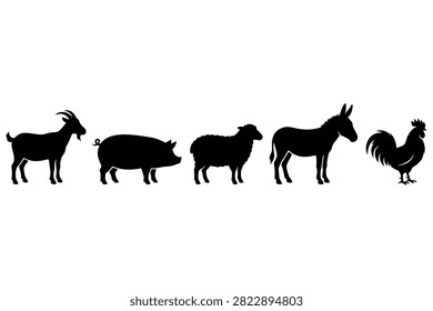 Silhouettes of goat pig sheep donkey and rooster standing in a row