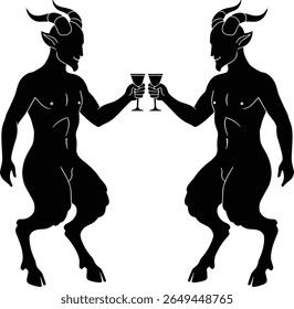 Silhouettes of goat-footed demon men clinking wine glasses – black and white vector illustration of satyrs in joyful celebration – flat design clipart with elegant, isolated minimal fantasy style

