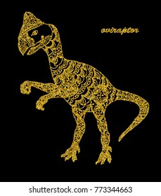 Silhouettes of a golden dinosaur on a black background.