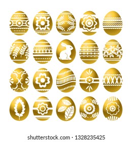 Silhouettes of golden Easter eggs isolated on white background. Holiday Easter Eggs decorated with flowers, rabbit, leafs. Easter holidays. Print design, label, sticker, scrap booking, stamp, vector 