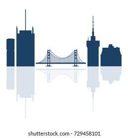 Silhouettes of Golden Gate, suspension bridge and modern buildings in the USA. Tall buildings, skyscrapers and bridge.