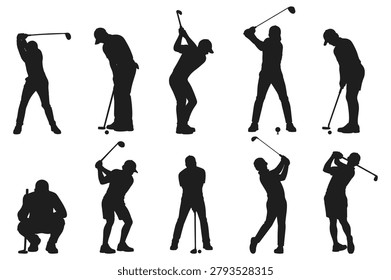 Silhouettes of golfers in different poses. Collection of golf players with clubs and balls.
