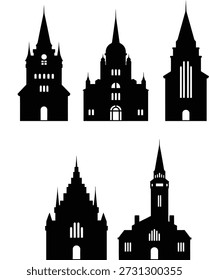 Silhouettes of Gothic Cathedrals and Castles on Transparent Background