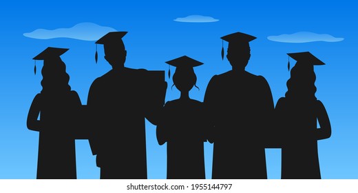 Silhouettes of graduate students in mortarboards. Vector illustration.
