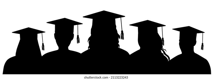 Silhouettes of graduates in graduation caps stand behind each other. Vector illustration