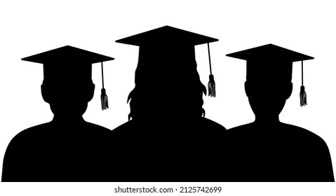 Silhouettes of graduates in graduation caps stand behind each other. Vector illustration